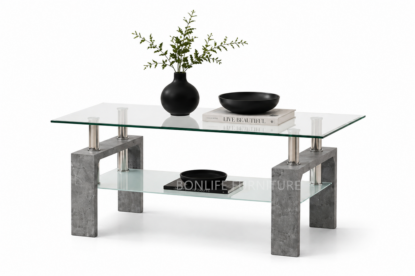 Glass Coffee Table & End Table Collection with Grey Faux Marble Legs-I2061
