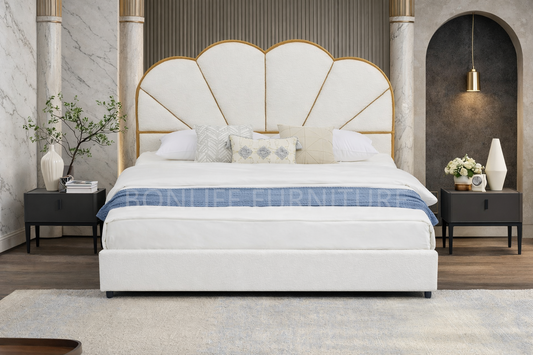 Luxury Cream Upholstered Storage Bed with Gold Trim-ELISA