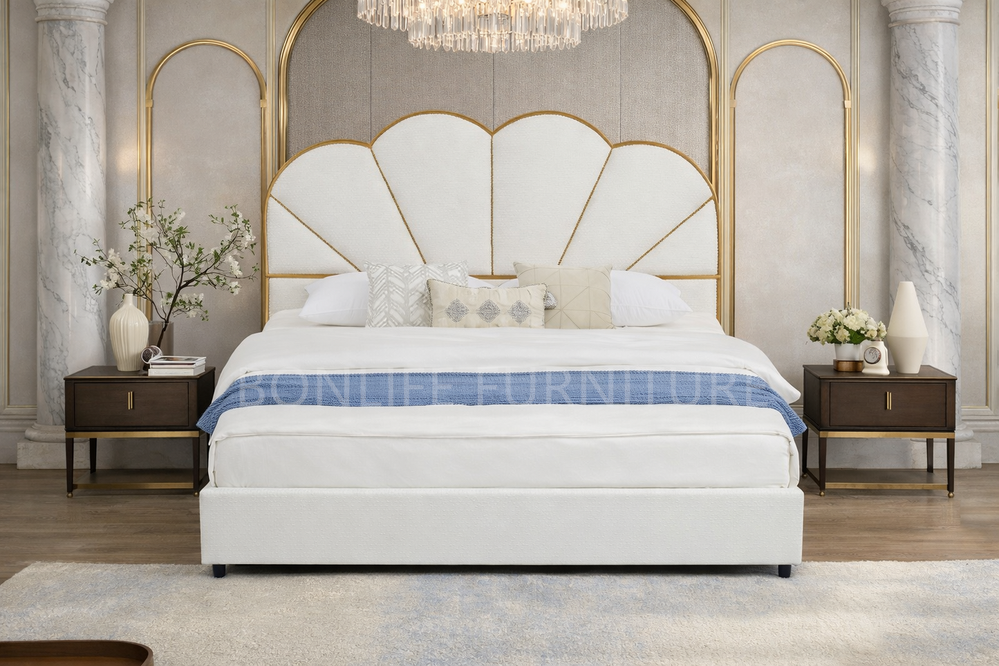 Luxury Cream Upholstered Storage Bed with Gold Trim-ELISA