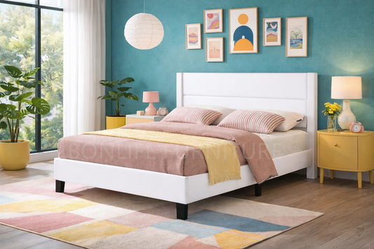 Modern PU Leather Platform Bed with Channel Tufted Headboard-T2175PU