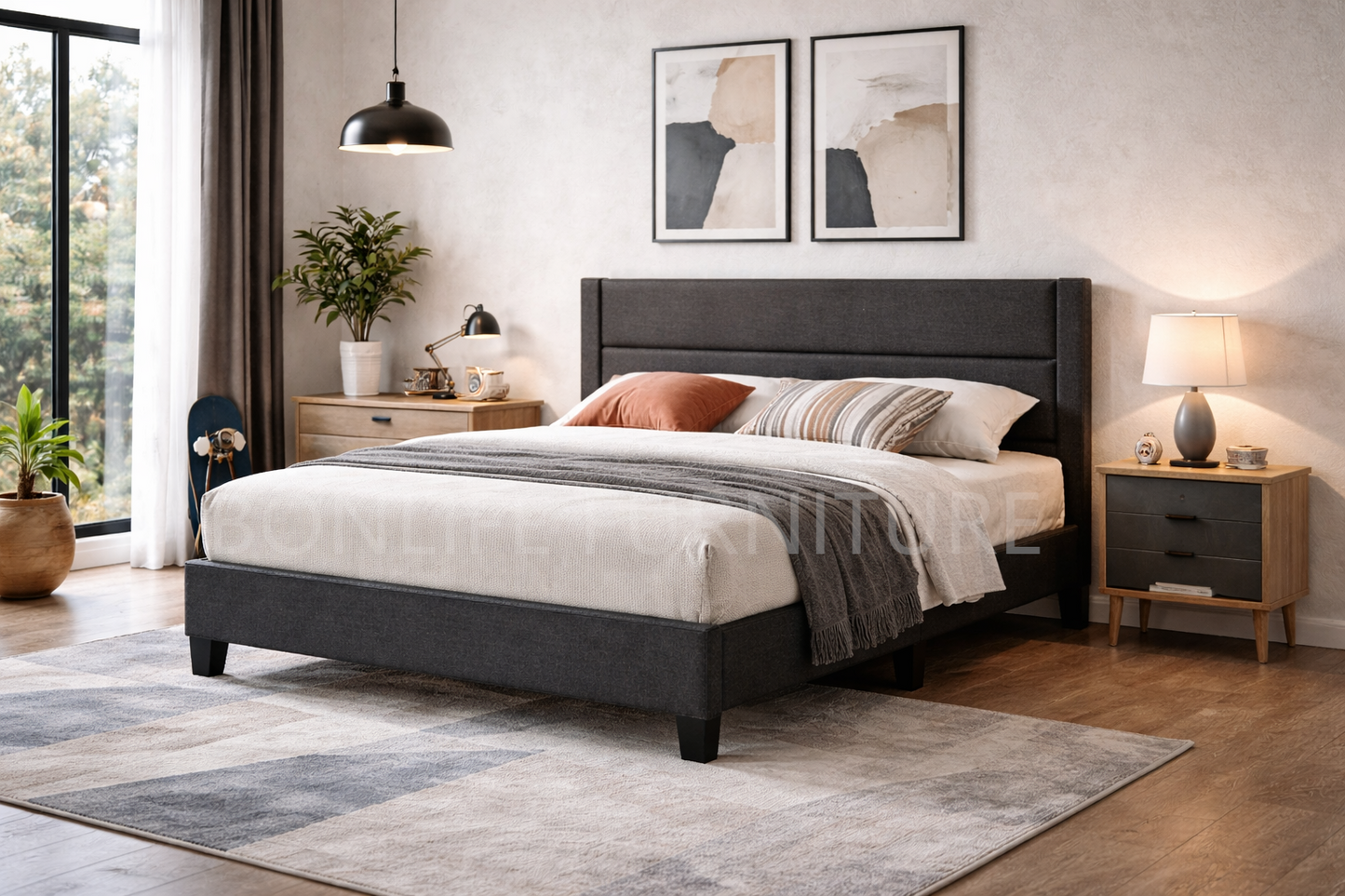 Modern Grey Fabric Platform Bed with Channel Tufting-T2175