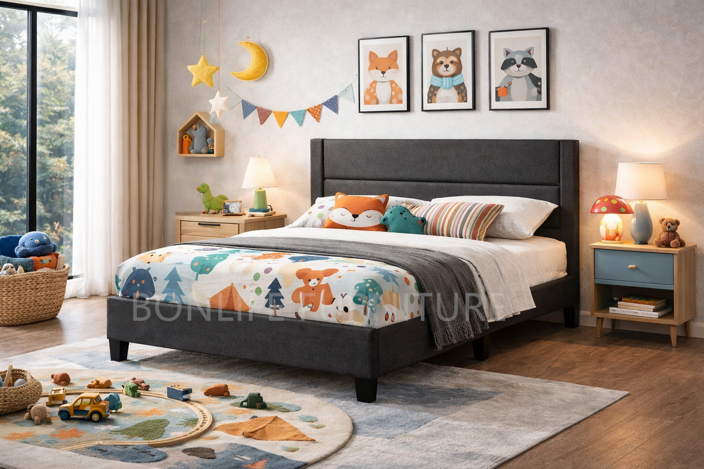 Modern Grey Fabric Platform Bed with Channel Tufting-T2175