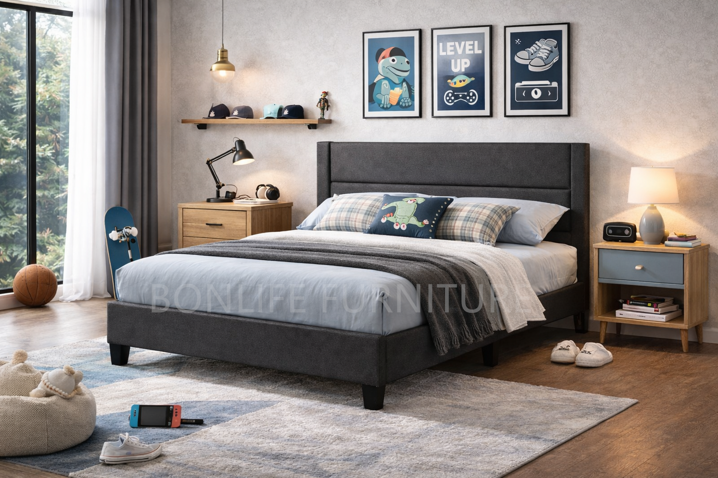 Modern Grey Fabric Platform Bed with Channel Tufting-T2175