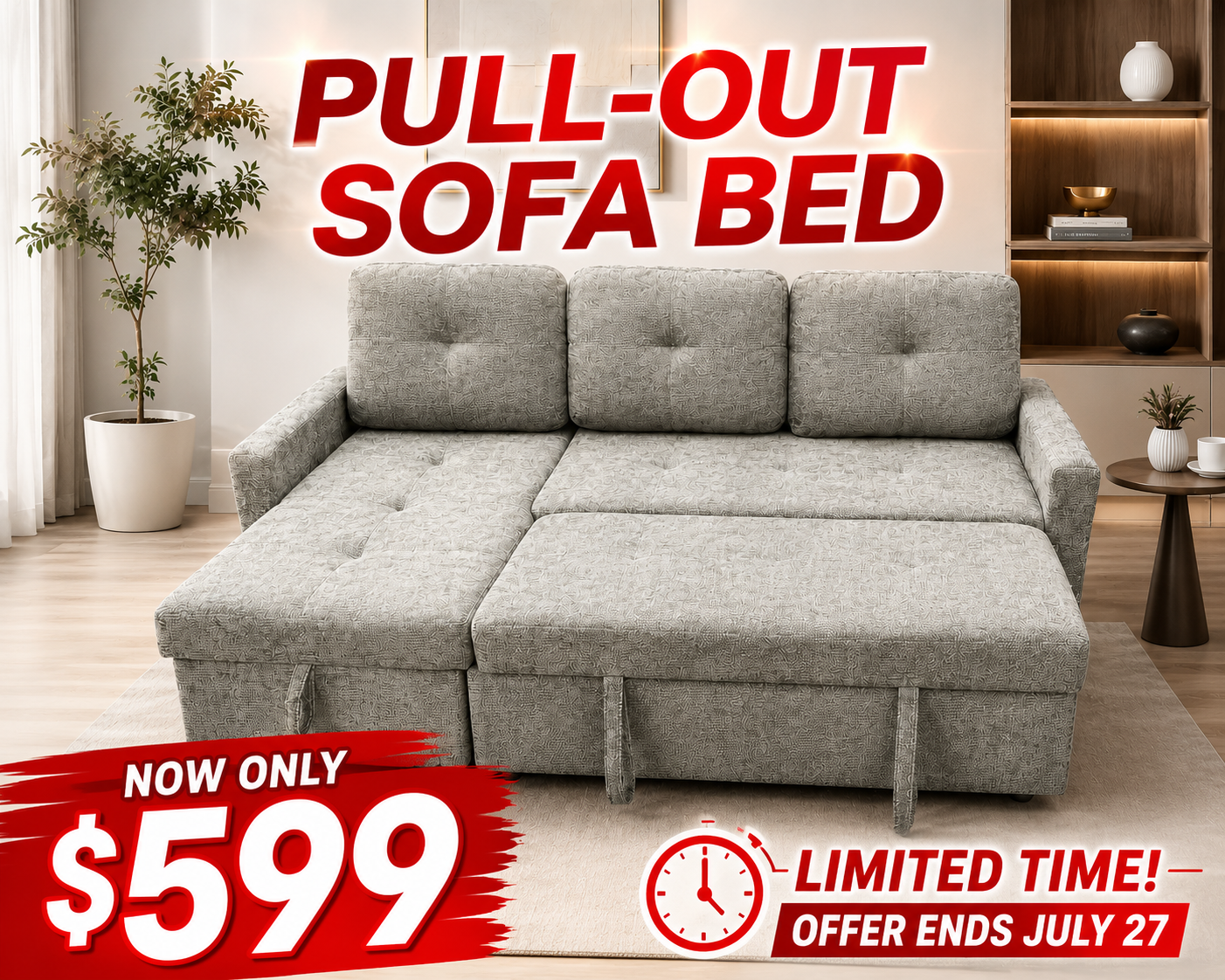 83" Pull-Out Sofa Bed with Reversible Storage Chaise-BS