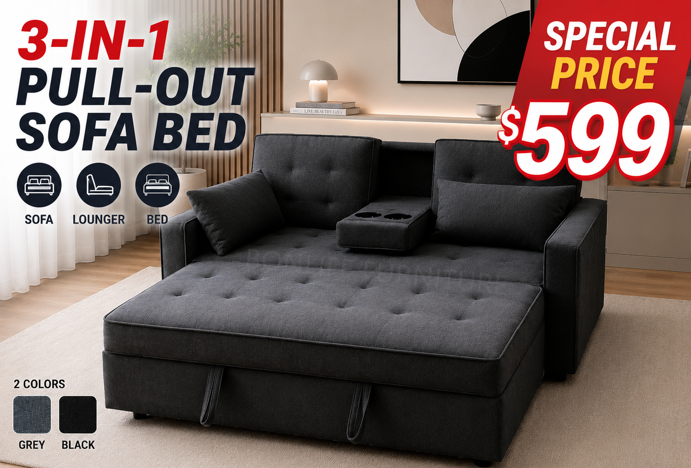 3-in-1 Fabric Pull-Out Sleeper Sofa Bed with Adjustable Backrests & Cup Holders