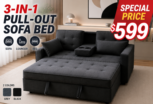 3-in-1 Fabric Pull-Out Sleeper Sofa Bed with Adjustable Backrests & Cup Holders