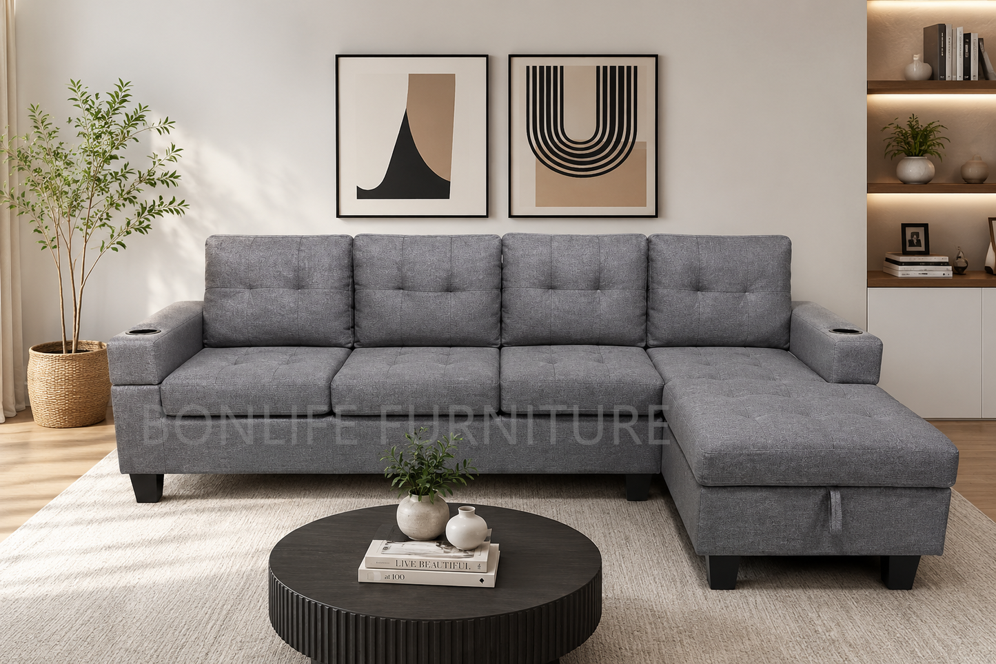 Fabric Sectional Sofa with Storage Chaise & Cup Holders-1839C