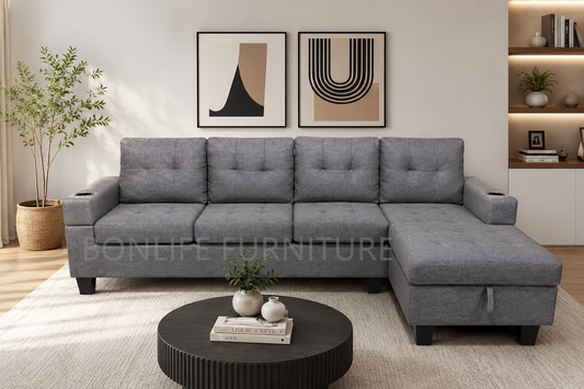 Fabric Sectional Sofa with Storage Chaise & Cup Holders-1839C