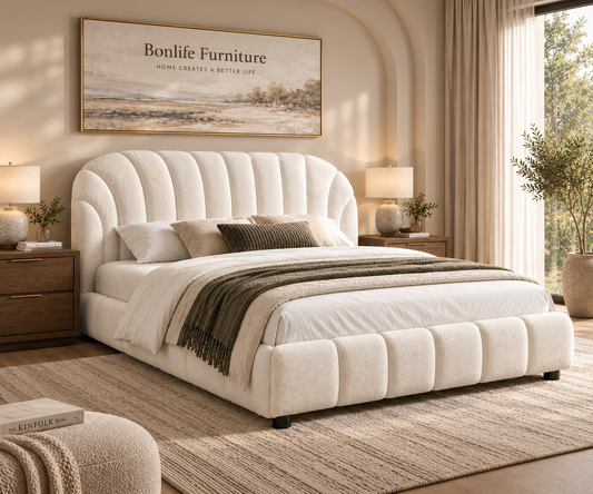 Cream Bouclé Platform Bed with Arched Channel Tufted Headboard |I5925