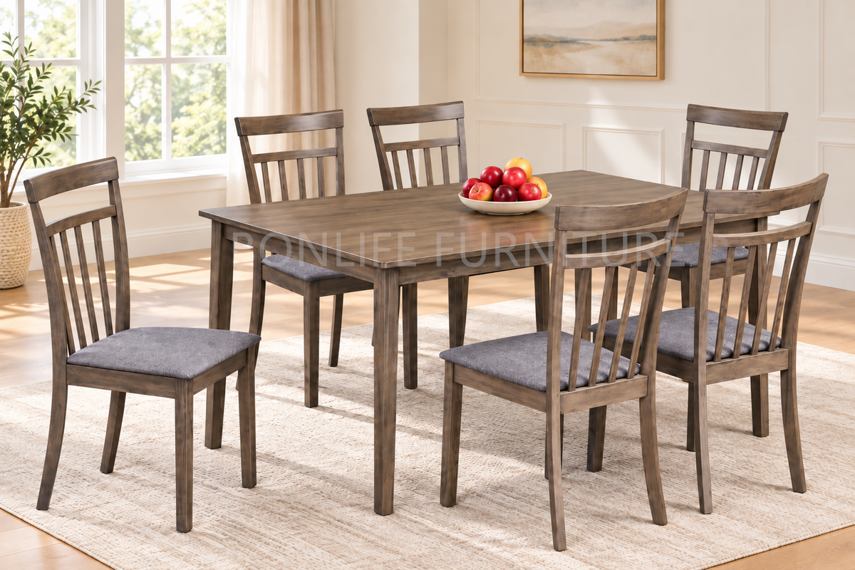 7-Piece Grey Wood Dining Set – Table with 6 Upholstered Chairs-T3117(3115C)