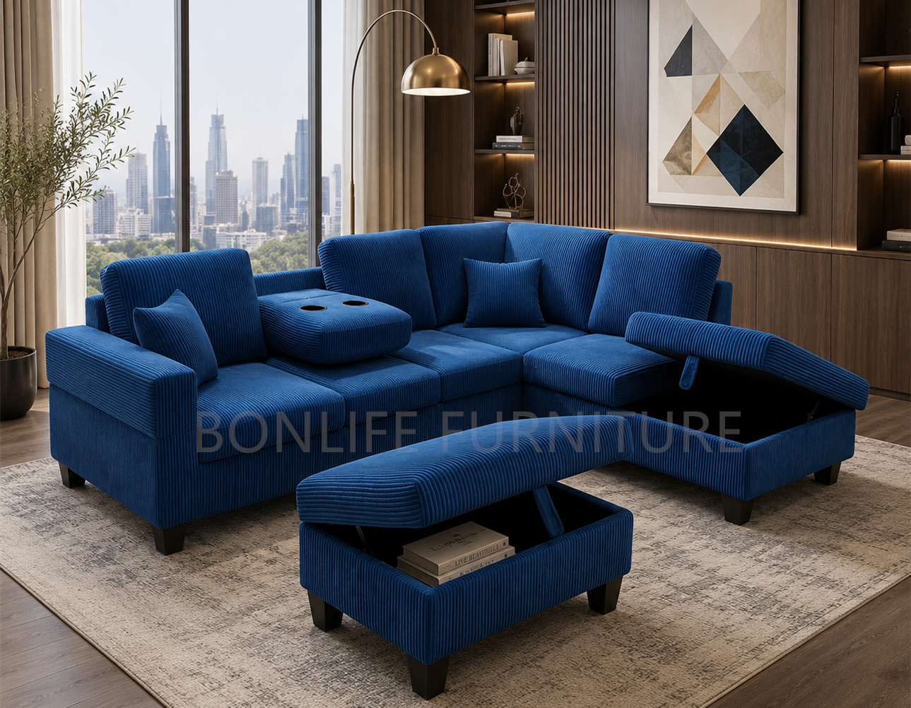 Modern Corduroy Sectional Sofa with Storage Chaise, Storage Ottoman & Drop-Down Cup Holders-D2510