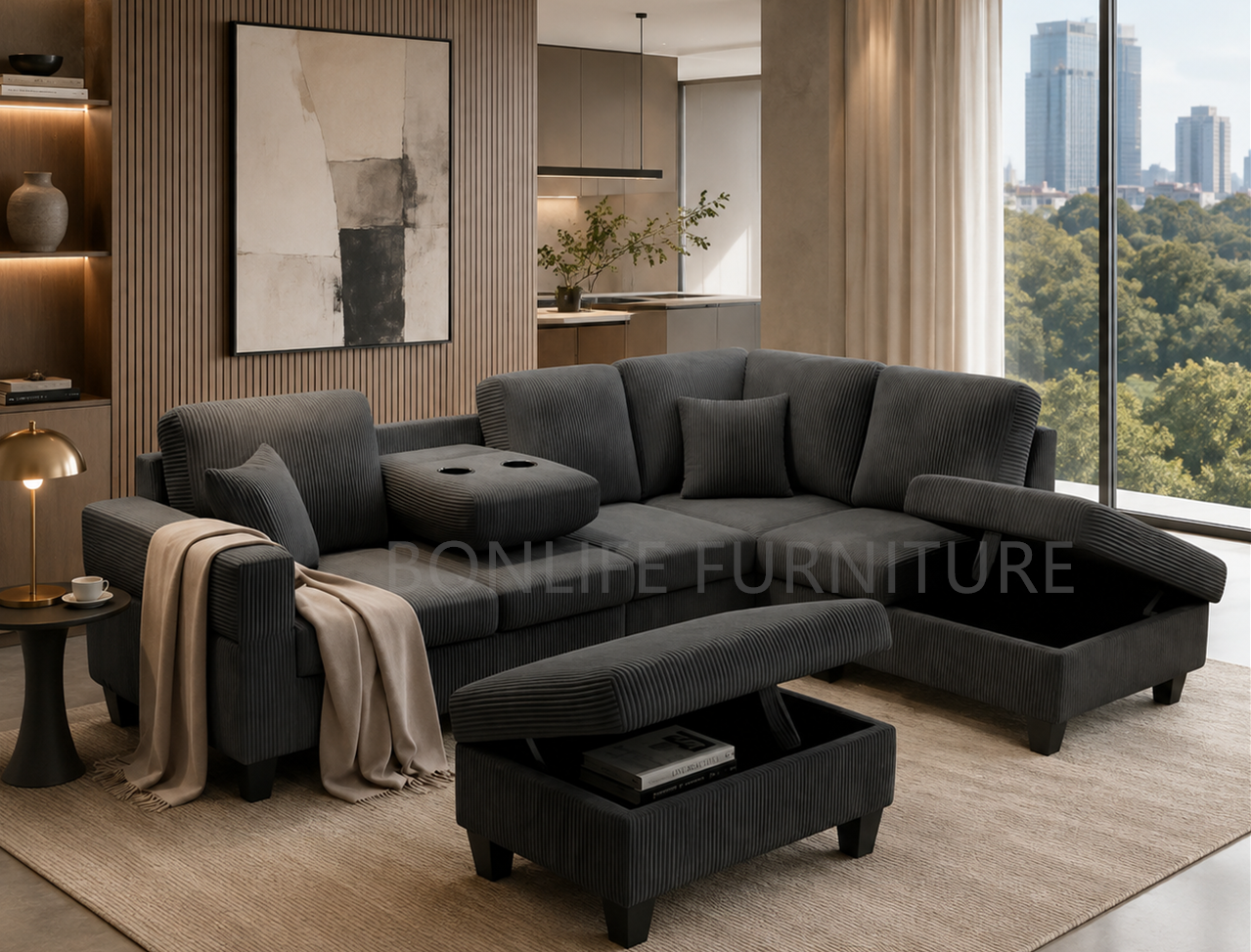 Modern Corduroy Sectional Sofa with Storage Chaise, Storage Ottoman & Drop-Down Cup Holders-D2510