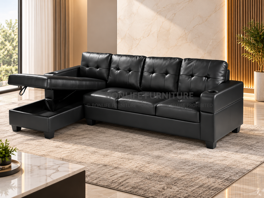 97" Black PU Leather Sectional Sofa with Storage Chaise & Cup Holders-D2218