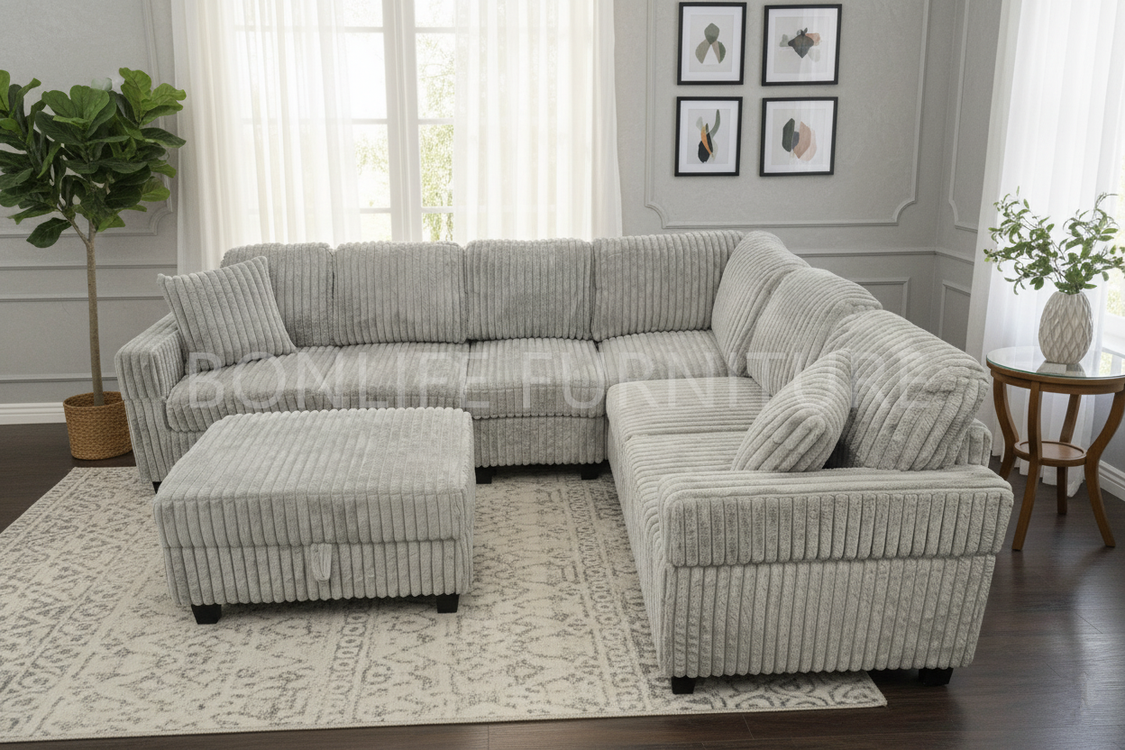 Corduroy Fabric Sectional Sofa with Ottoman-GILLIAN