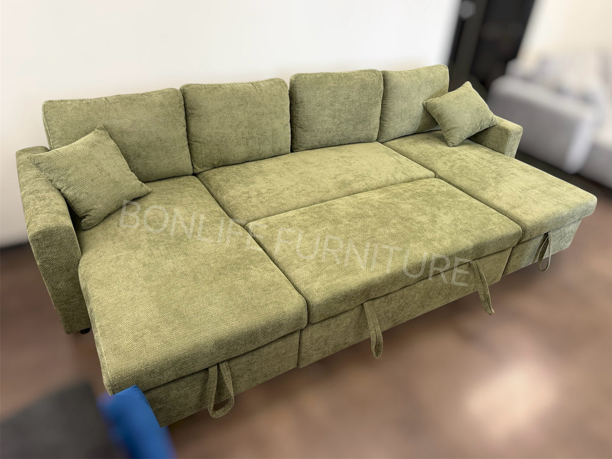 118” U-Shaped Chenille Pull-Out Sofa Bed with Dual Storage Chaise-D2603