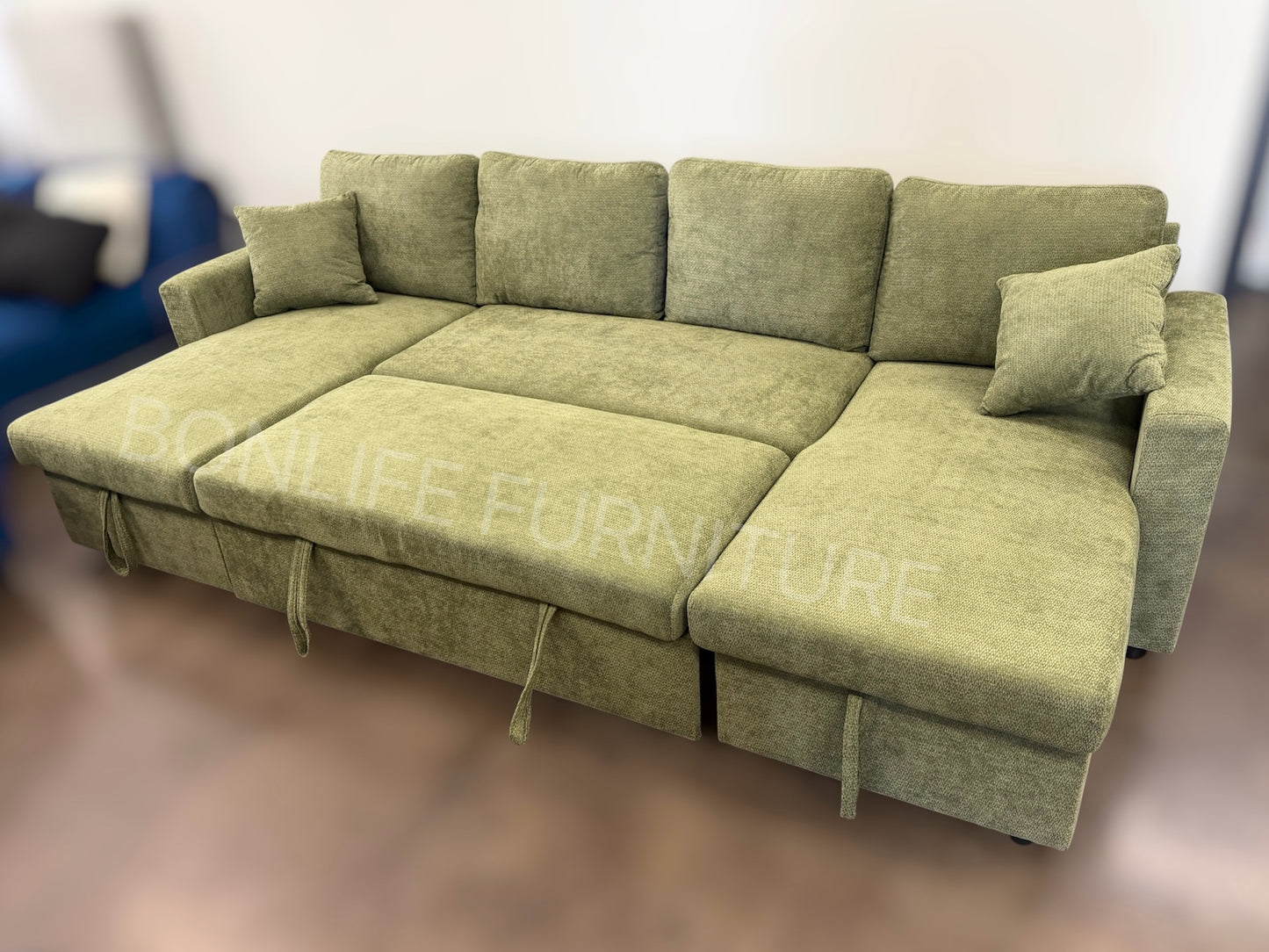 118” U-Shaped Chenille Pull-Out Sofa Bed with Dual Storage Chaise-D2603