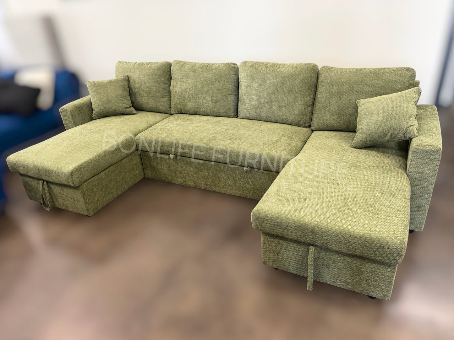 118” U-Shaped Chenille Pull-Out Sofa Bed with Dual Storage Chaise-D2603