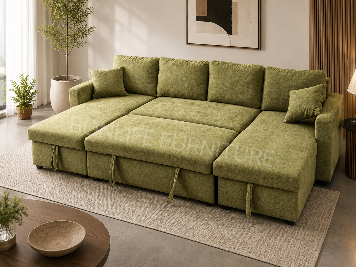 118” U-Shaped Chenille Pull-Out Sofa Bed with Dual Storage Chaise-D2603