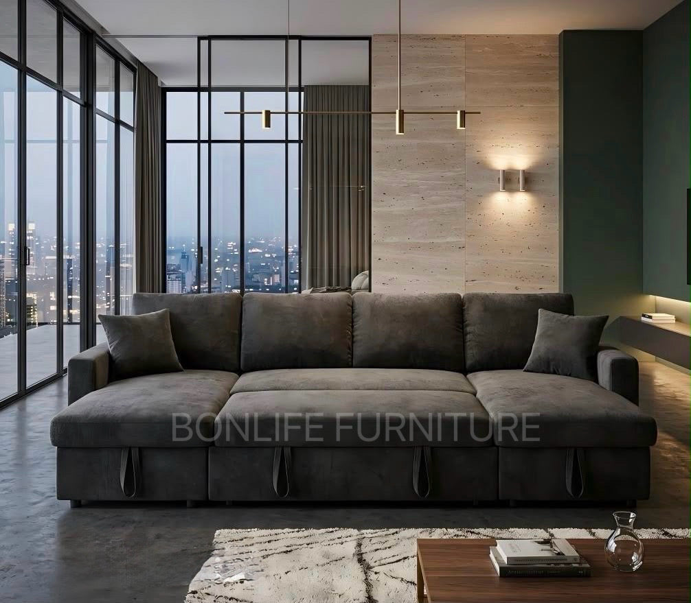 118” U-Shaped Chenille Pull-Out Sofa Bed with Dual Storage Chaise-D2603
