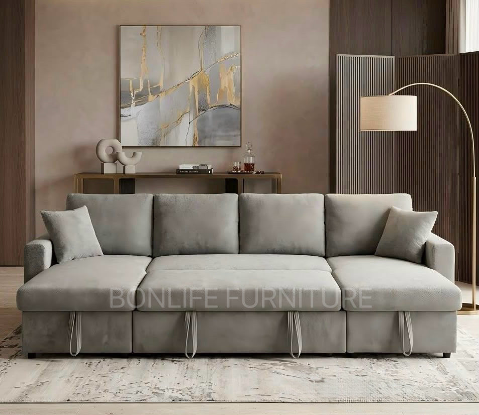 118” U-Shaped Chenille Pull-Out Sofa Bed with Dual Storage Chaise-D2603