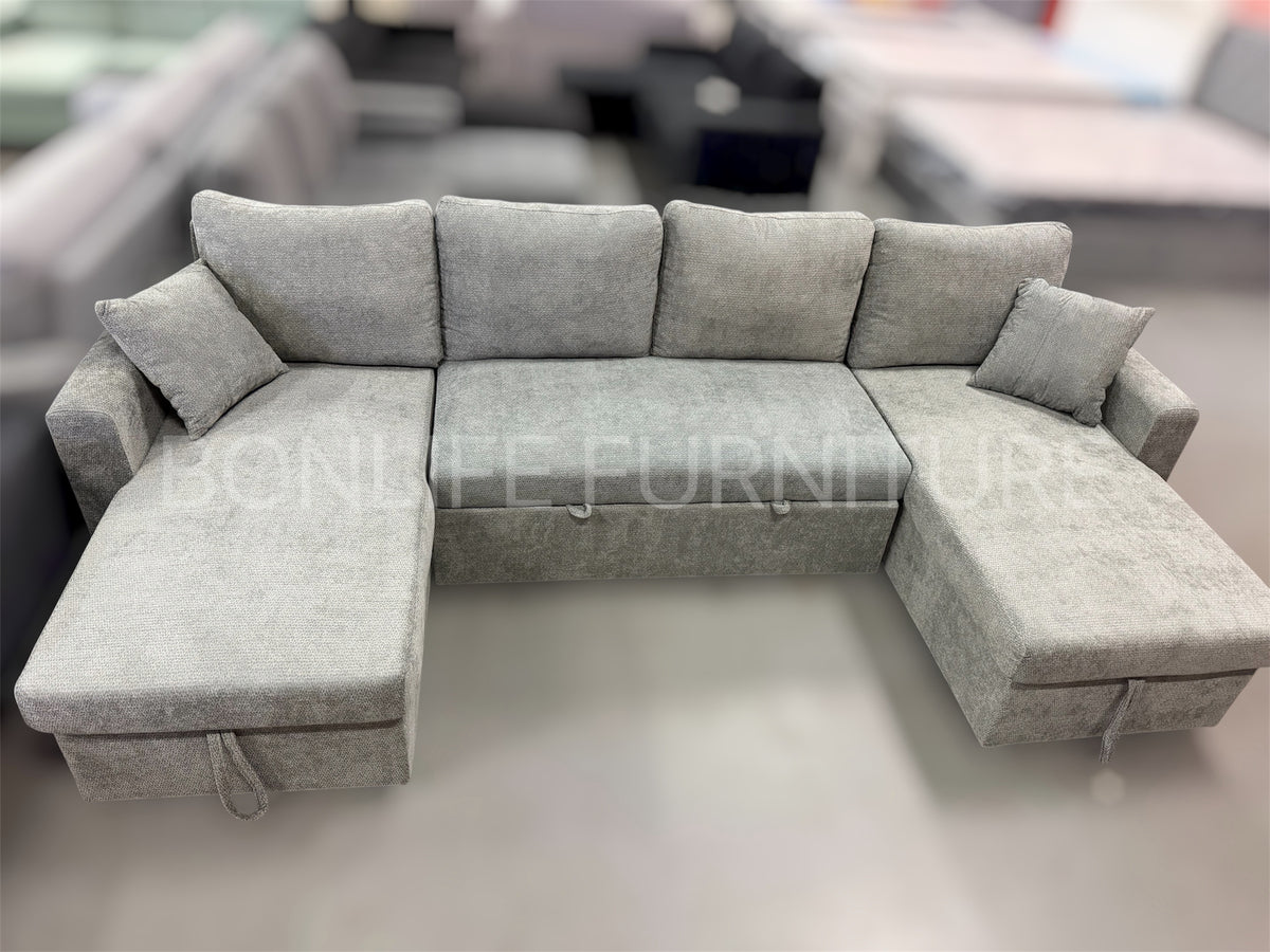 118” U-Shaped Chenille Pull-Out Sofa Bed with Dual Storage Chaise-D2603
