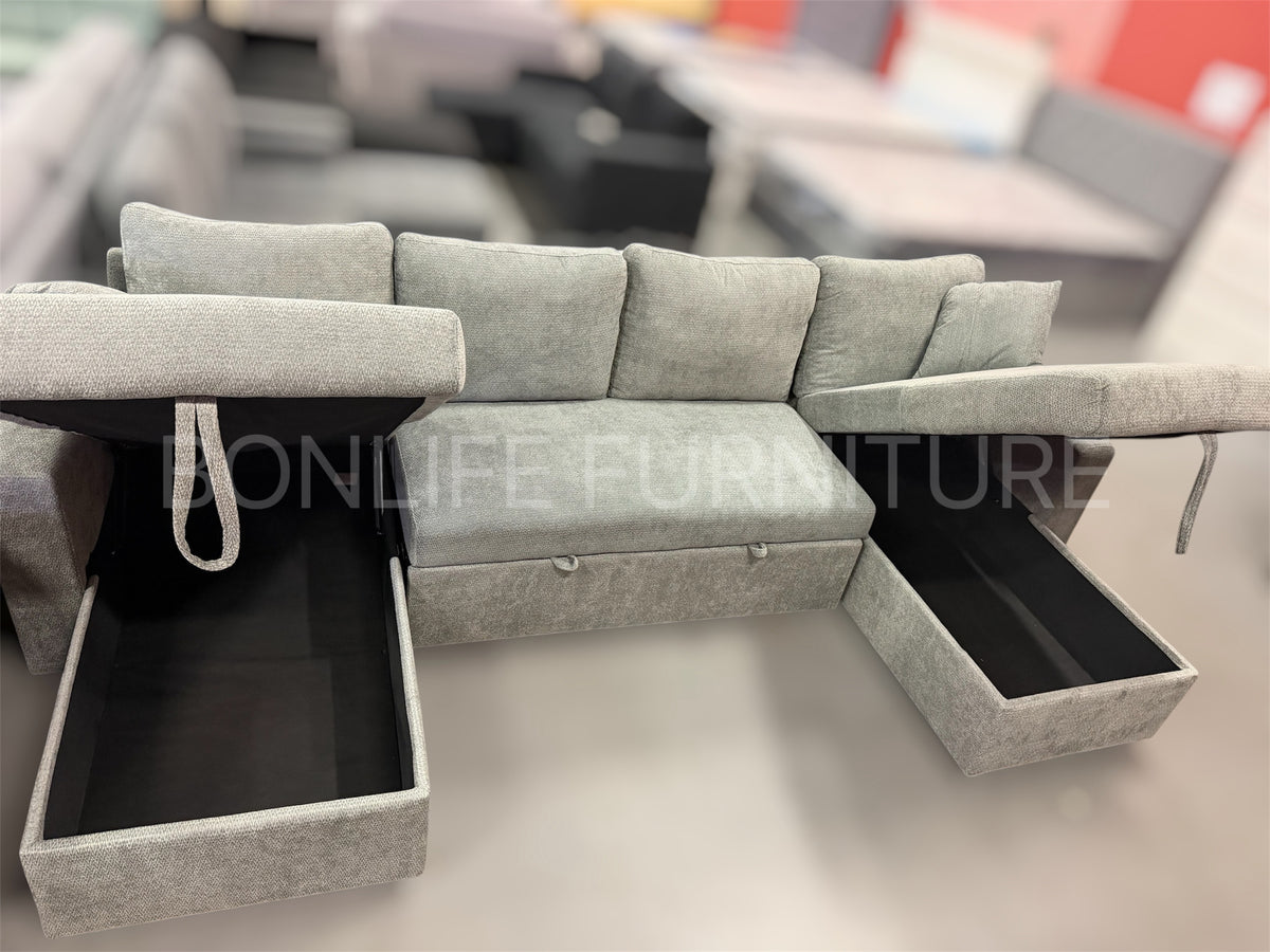 118” U-Shaped Chenille Pull-Out Sofa Bed with Dual Storage Chaise-D2603
