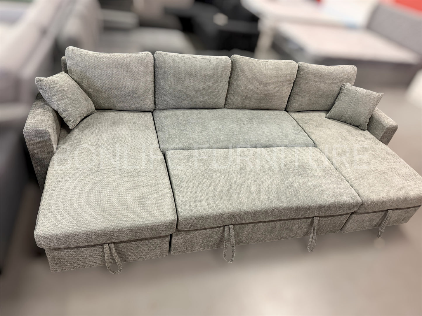 118” U-Shaped Chenille Pull-Out Sofa Bed with Dual Storage Chaise-D2603