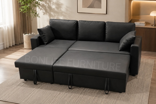 Black Faux Leather Reversible Sectional Sofa Bed with Storage Chaise & Pull-Out Bed-D2601