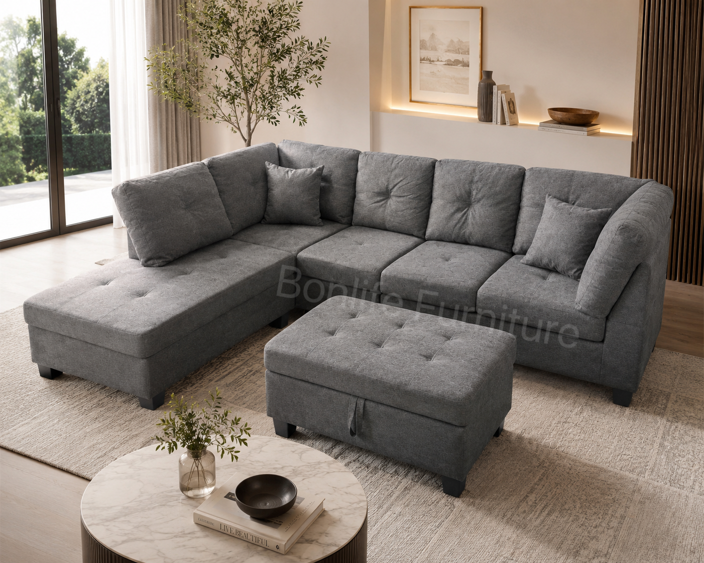 Modern Fabric Sectional Sofa with Reversible Chaise & Storage Ottoman-D1012