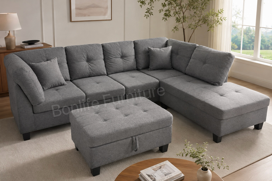 Modern Fabric Sectional Sofa with Reversible Chaise & Storage Ottoman-D1012