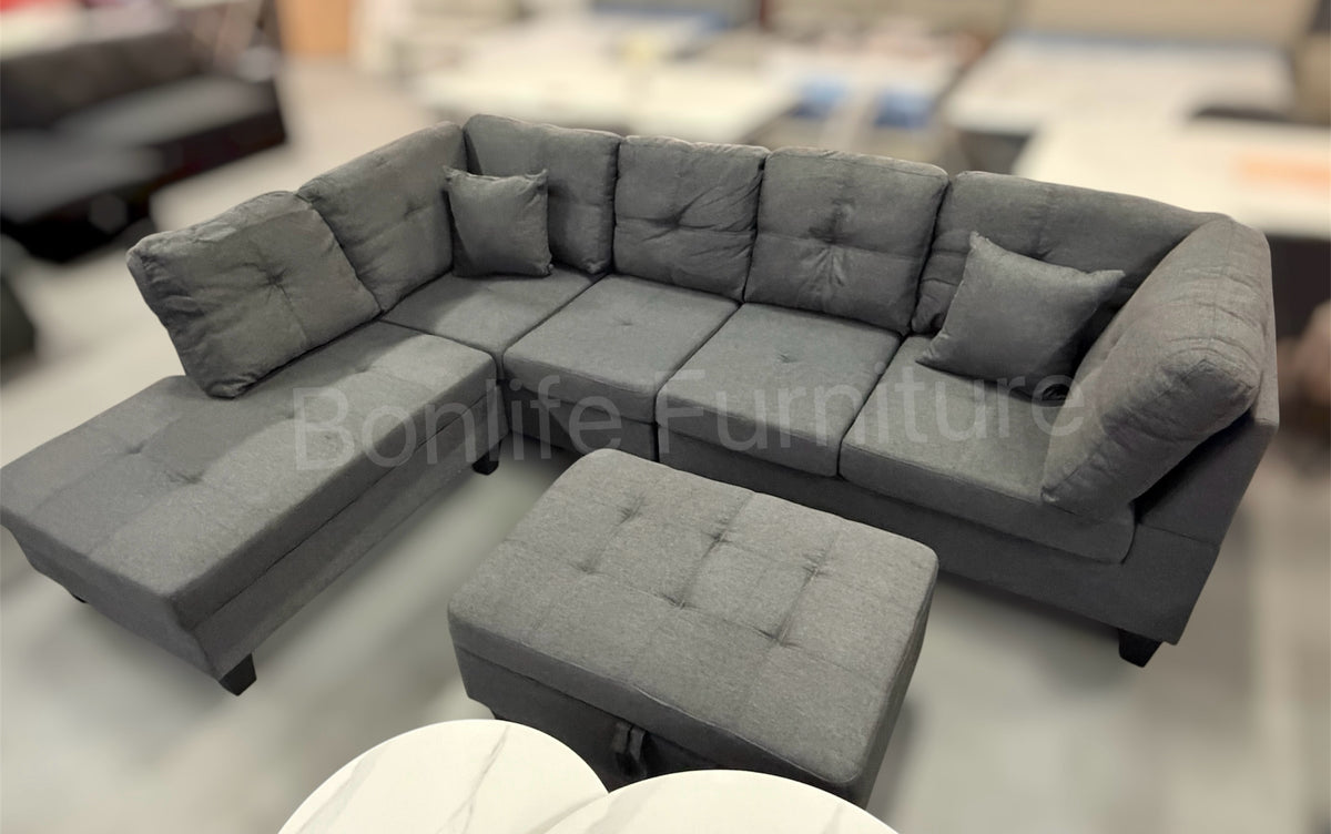 Modern Fabric Sectional Sofa with Reversible Chaise & Storage Ottoman-D1012