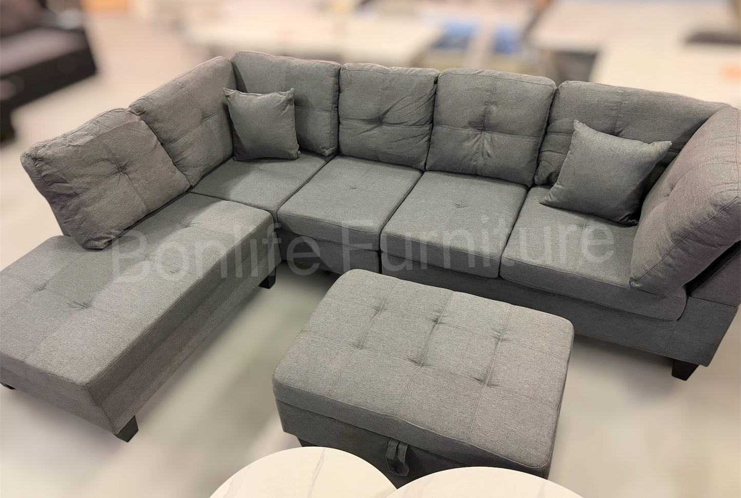 Modern Fabric Sectional Sofa with Reversible Chaise & Storage Ottoman-D1012