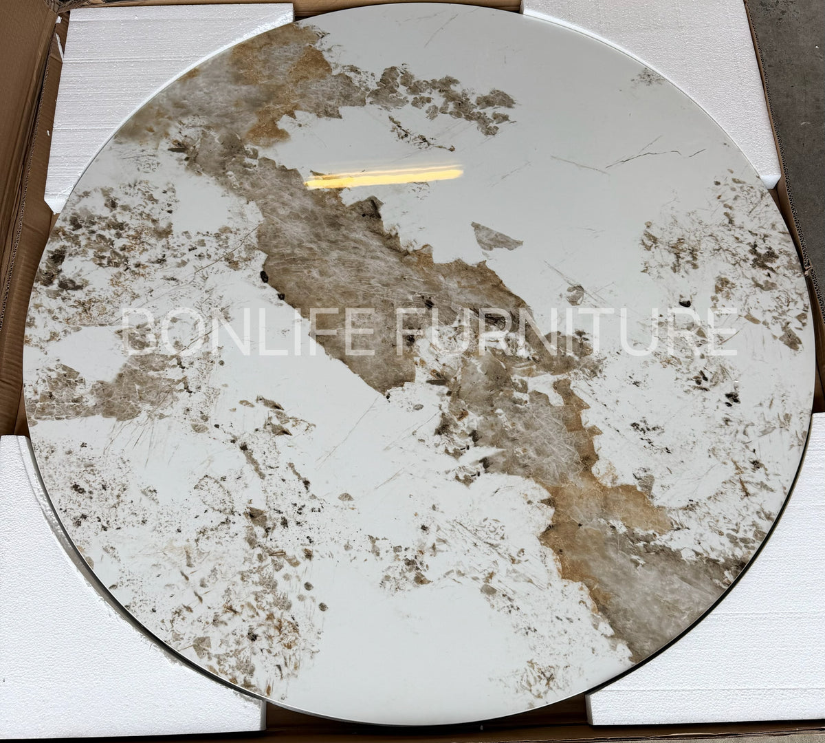 5pc Modern Round Sintered Stone Dining Table Set with Gold Base & Ivory Teddy Chairs – BDT20GD