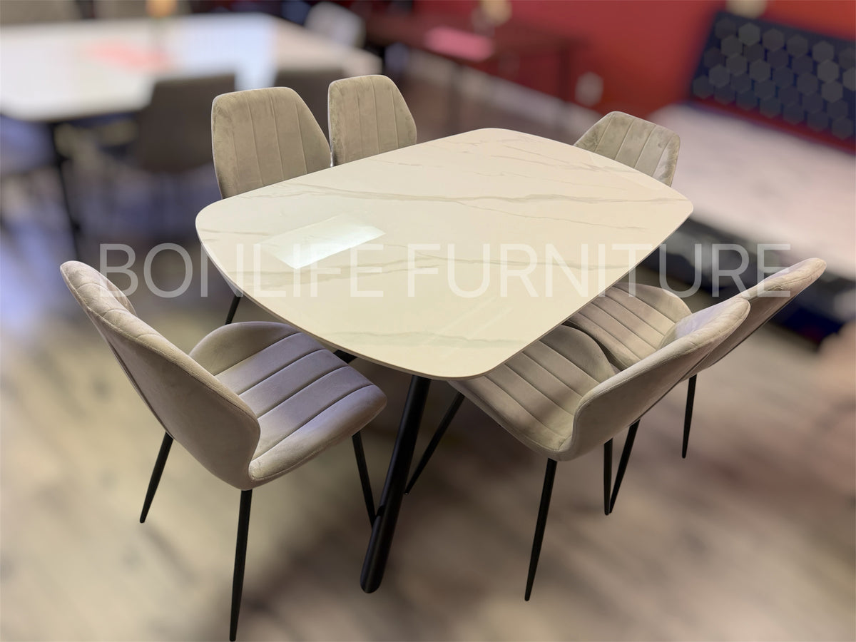 Modern 7-Piece Dining Set | Sintered Stone Table + 6 Velvet Chairs-I1530