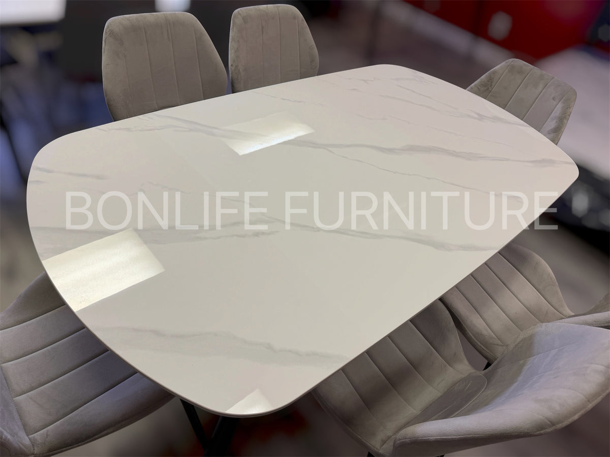 Modern 7-Piece Dining Set | Sintered Stone Table + 6 Velvet Chairs-I1530