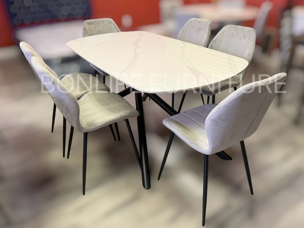 Modern 7-Piece Dining Set | Sintered Stone Table + 6 Velvet Chairs-I1530
