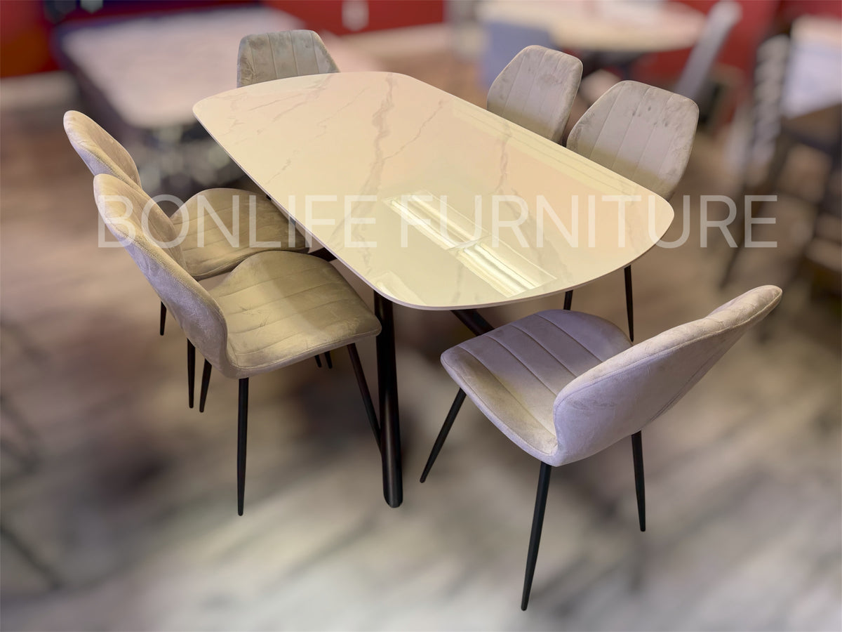Modern 7-Piece Dining Set | Sintered Stone Table + 6 Velvet Chairs-I1530