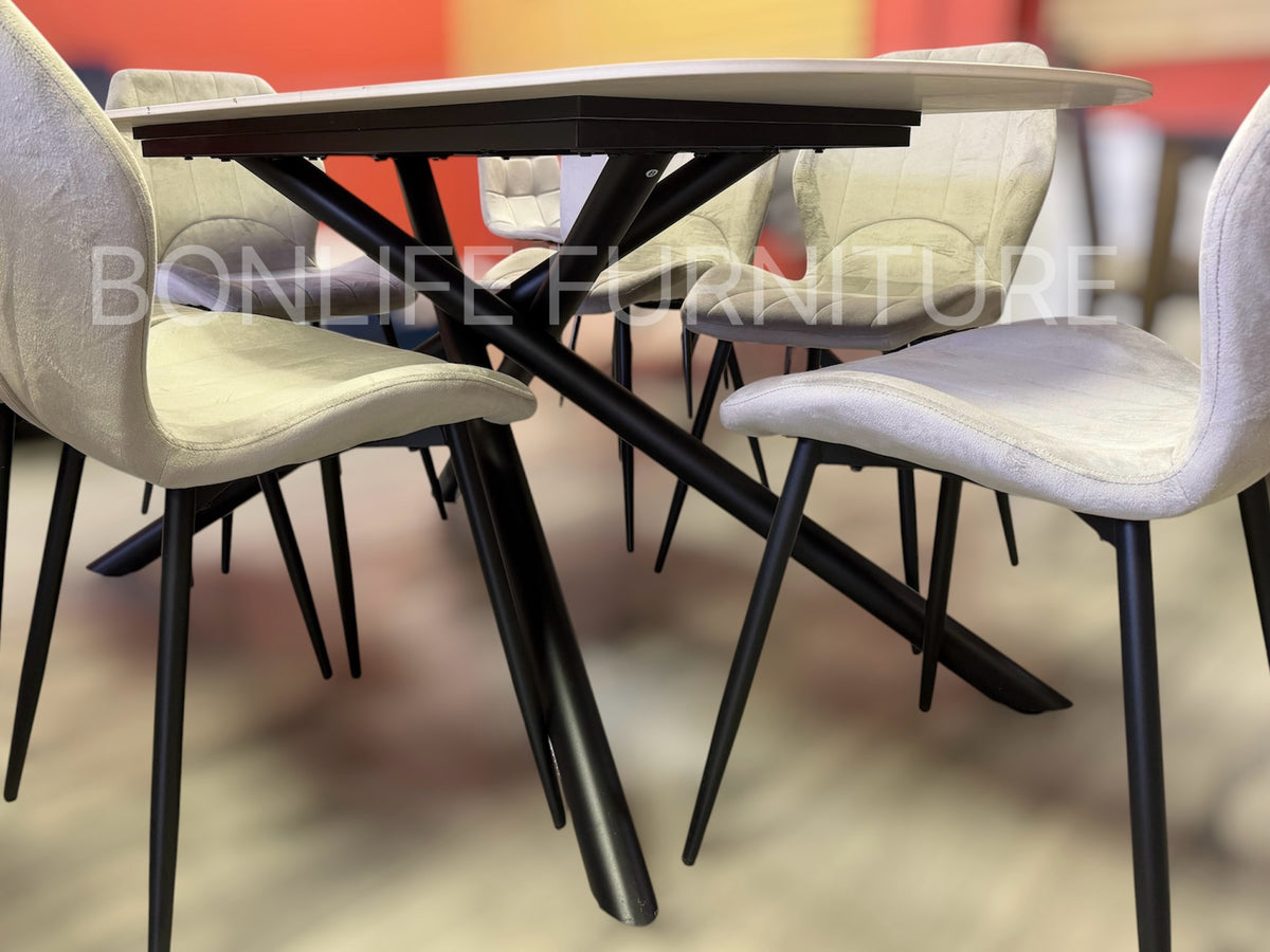 Modern 7-Piece Dining Set | Sintered Stone Table + 6 Velvet Chairs-I1530