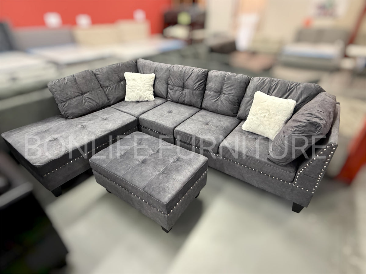 Velvet Reversible Sectional Sofa with Storage Ottoman -D1013