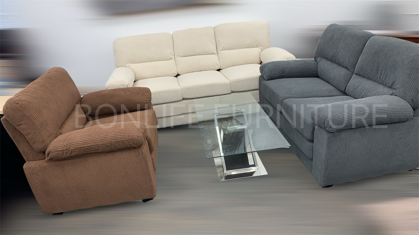 Corduroy 3-Piece Sofa Set – Modern Living Room Sofa, Loveseat & Chair -Ctystal