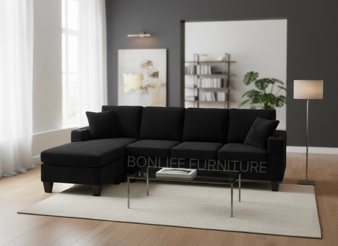 Modern Corduroy Sectional Sofa with Cup Holders-D2511