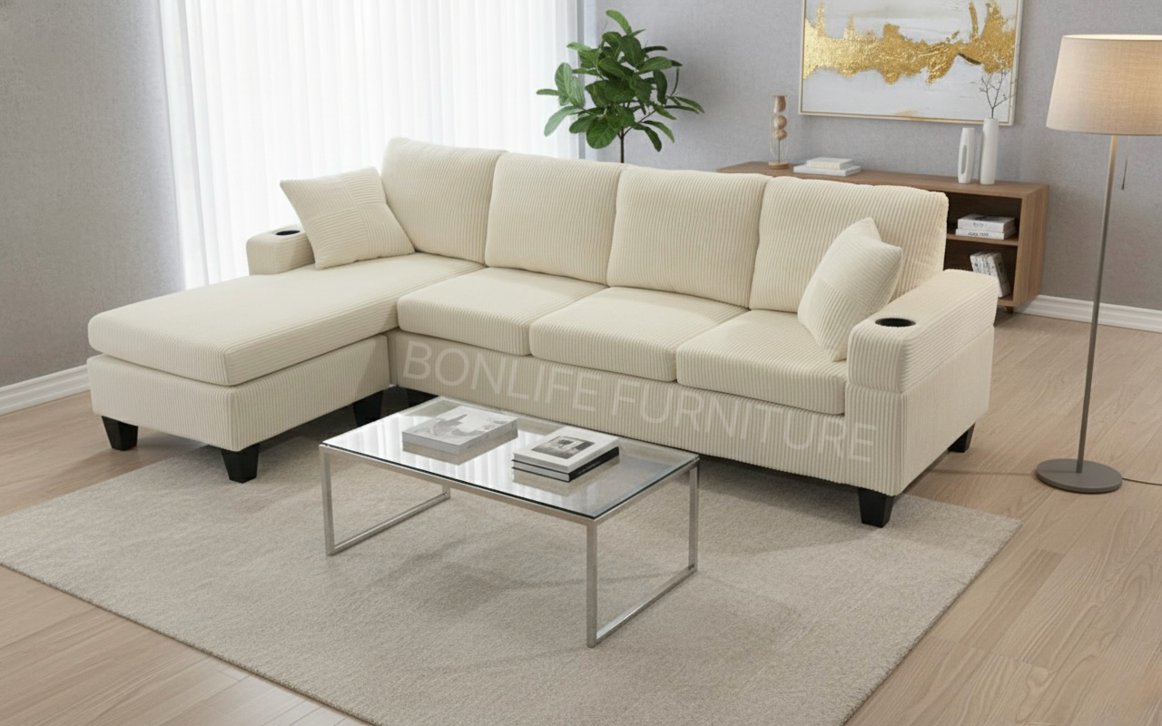 Modern Corduroy Sectional Sofa with Cup Holders-D2511