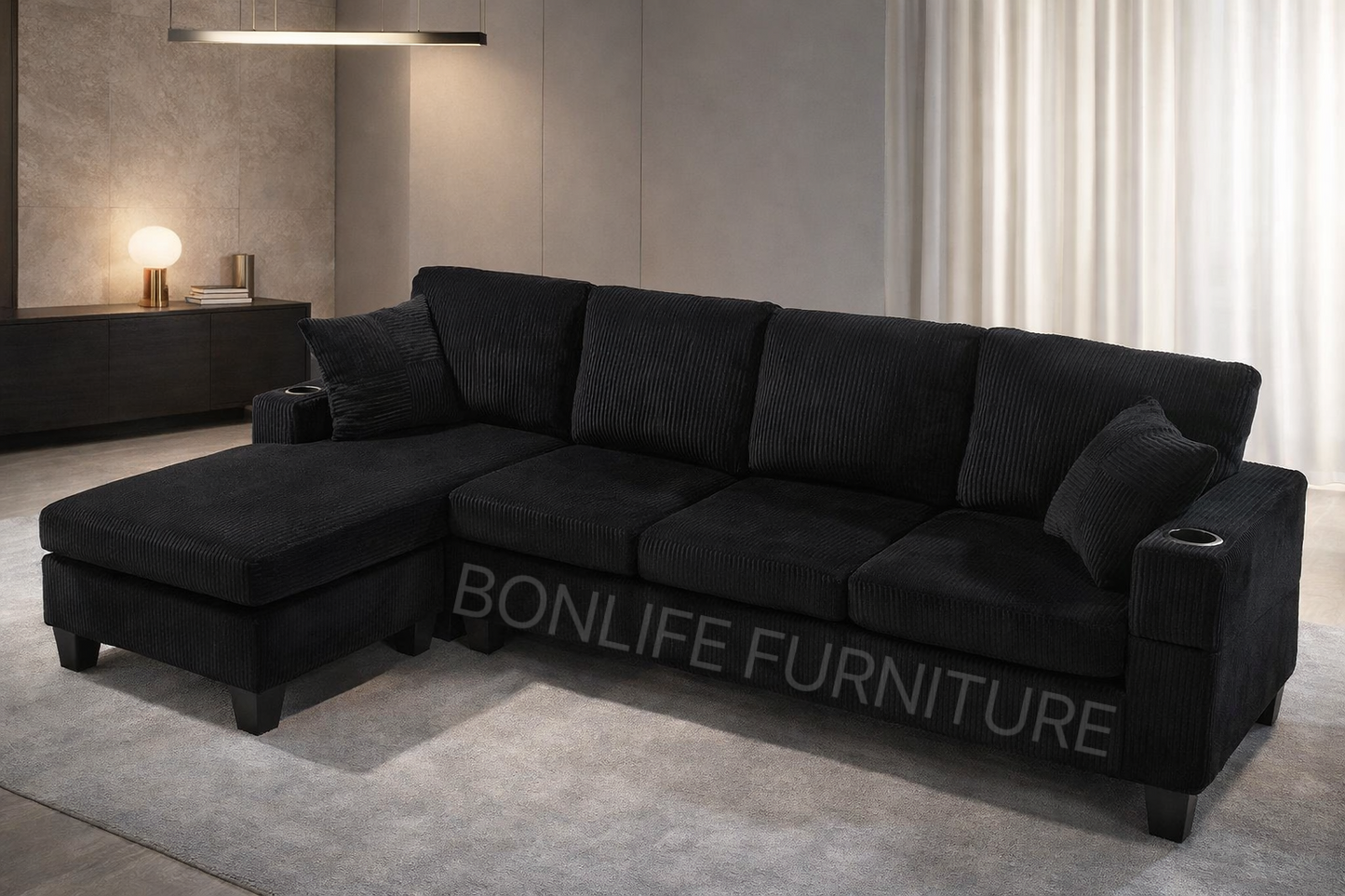 Modern Corduroy Sectional Sofa with Cup Holders-D2511