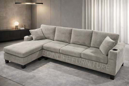 Modern Corduroy Sectional Sofa with Cup Holders-D2511