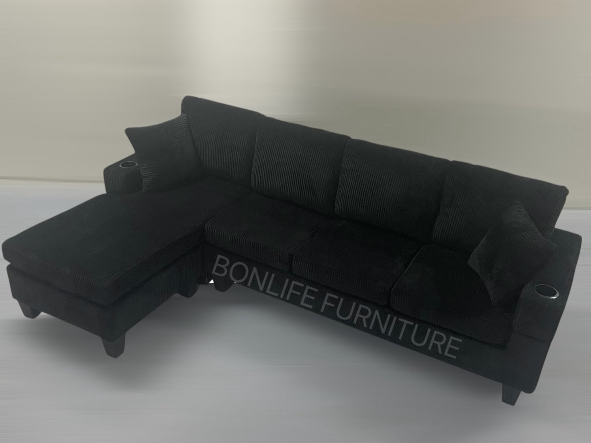 Modern Corduroy Sectional Sofa with Cup Holders-D2511