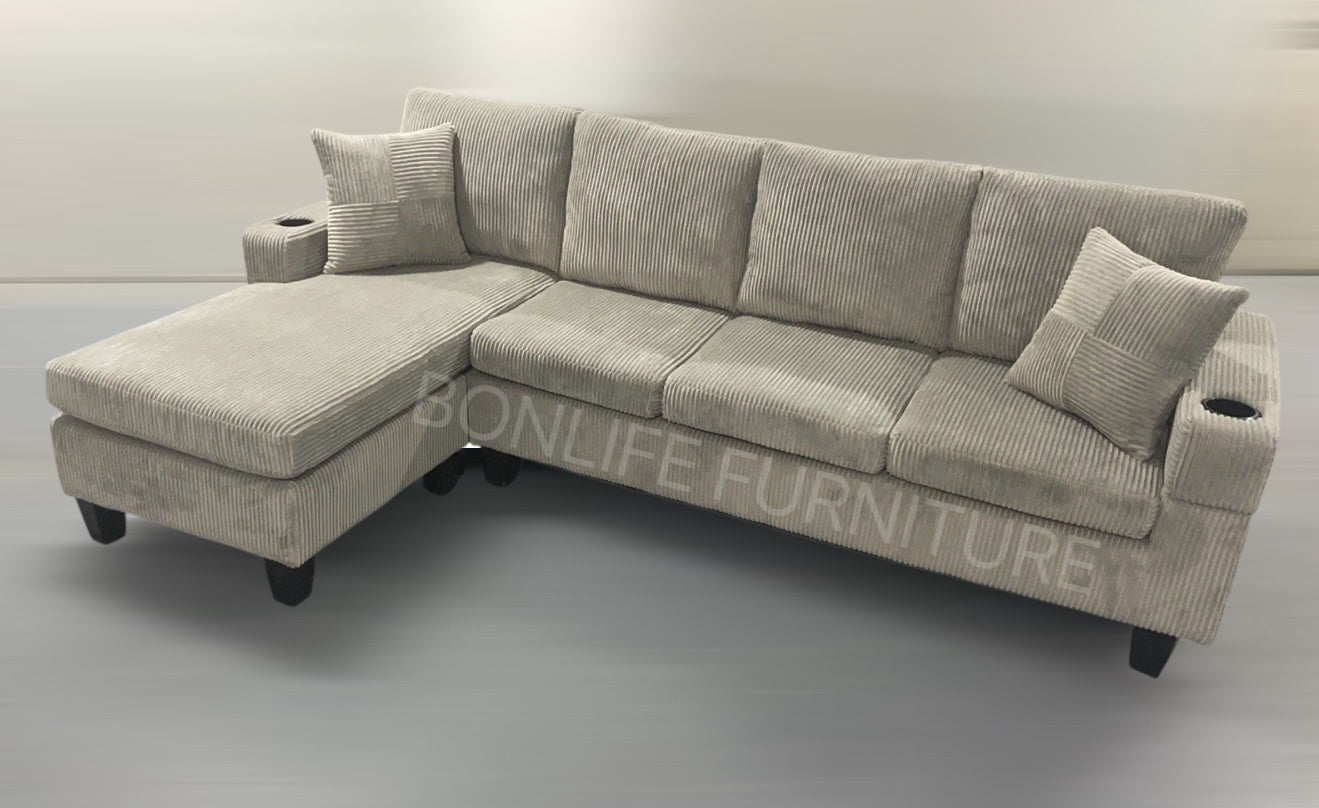 Modern Corduroy Sectional Sofa with Cup Holders-D2511