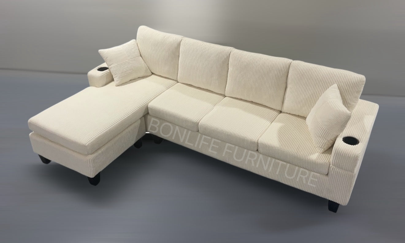 Modern Corduroy Sectional Sofa with Cup Holders-D2511