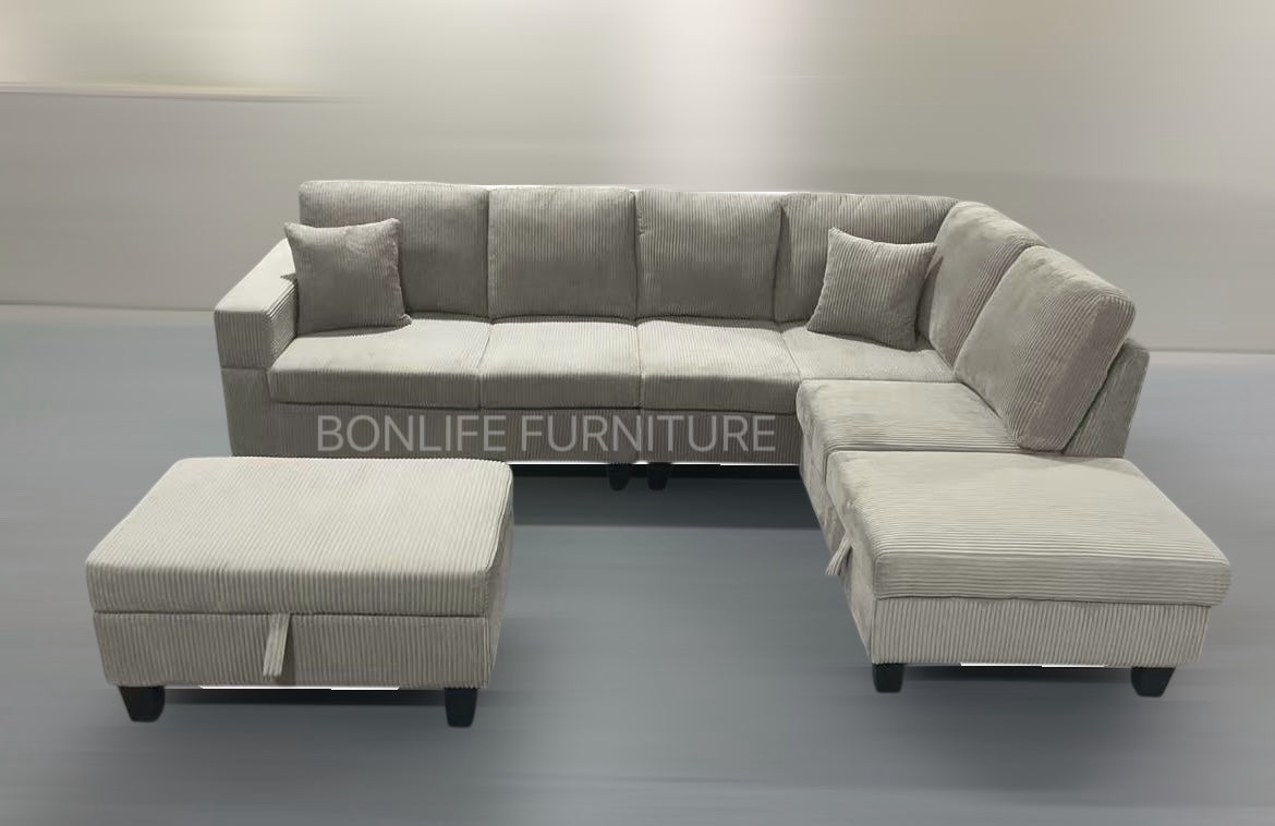 Modern Corduroy Sectional Sofa with Storage Chaise, Storage Ottoman & Drop-Down Cup Holders-D2510