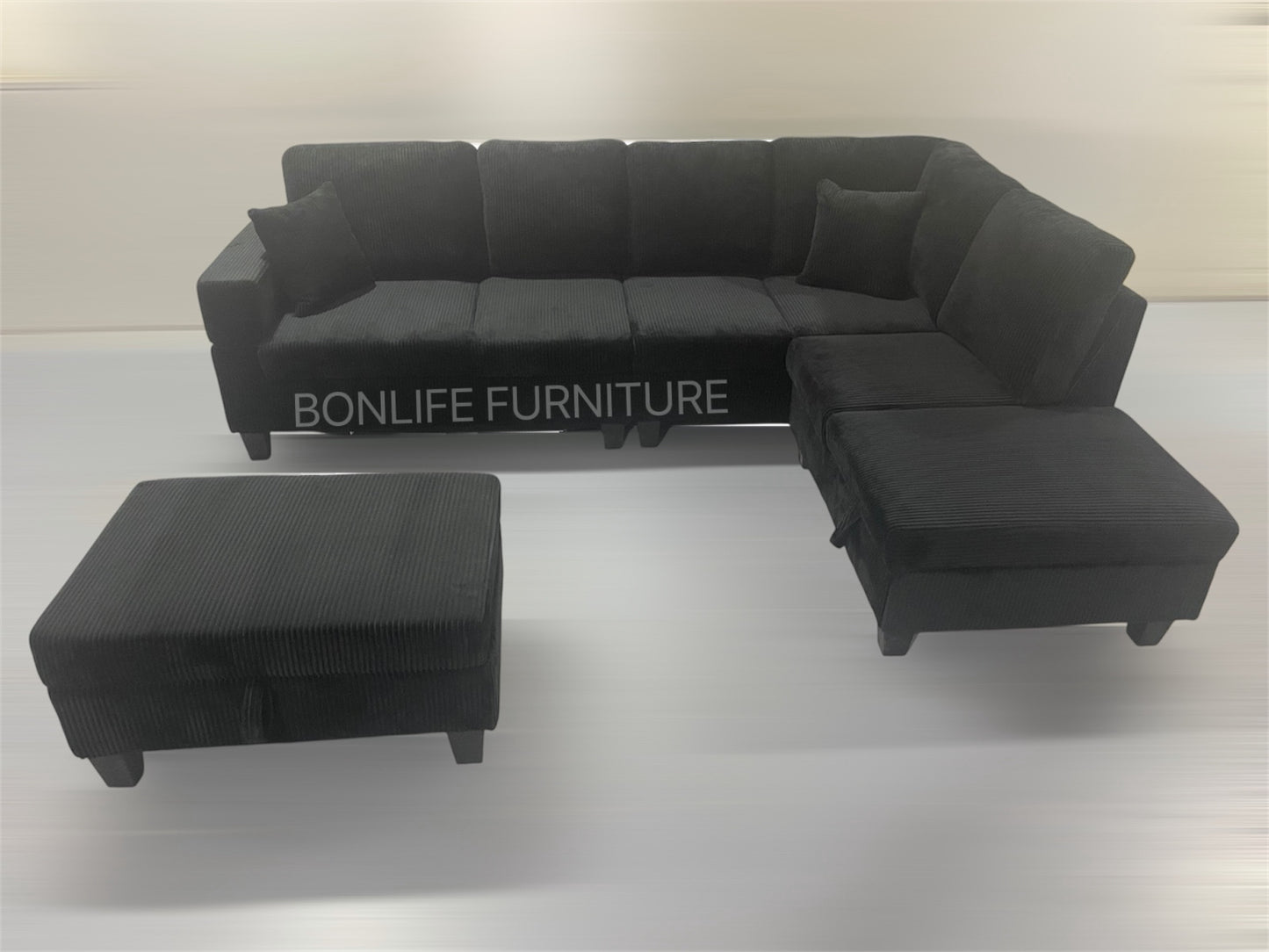 Modern Corduroy Sectional Sofa with Storage Chaise, Storage Ottoman & Drop-Down Cup Holders-D2510