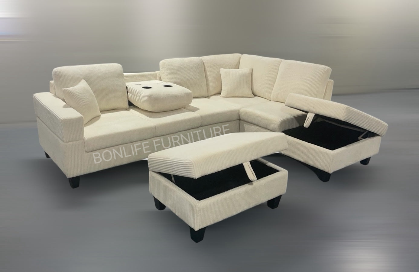 Modern Corduroy Sectional Sofa with Storage Chaise, Storage Ottoman & Drop-Down Cup Holders-D2510
